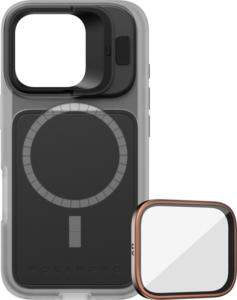 PolarPro Kit - LiteChaser iPhone 16 Pro Base Case Clear -kotelossa on suuri keskusmuotoilu, neliönmuotoinen kamerakiinnike ja se sisältää irrotettavan UV-merkityn neliönmuotoisen linssisuodattimen, jossa on musta ja kuparinen kehys.