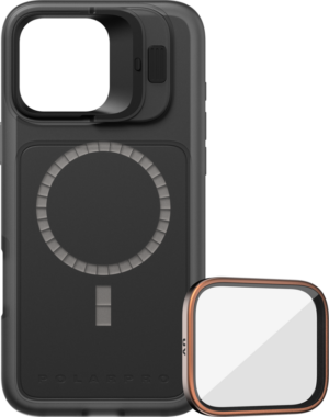 800q-01_131139 PolarPro Kit - LiteChaser iPhone 16 Pro Max base case in black includes a round MagSafe ring, a removable camera lens cover and a square UV filter with a copper-coloured edge.