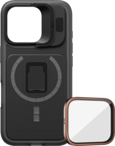 800q-01_131141 PolarPro Kit - LiteChaser iPhone 16 Pro Pro -kotelo musta sisältää sisäänrakennetun kamerasuojan, keskellä olevan suorakulmaisen kiinnikkeen ja irrotettavan UV-suodattimen, jossa on kuparinvärinen reunus.