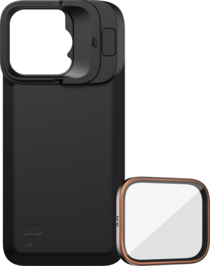 800q-01_131145 PolarPro Kit - LiteChaser iPhone 16 Pro Exo Back Plate includes a black case with a large square camera aperture and slide switch, and a removable square UV filter with a copper metal edge next to the case.