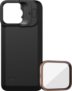 800q-01_131146 PolarPro Kit - LiteChaser iPhone 16 Pro Max Exo Back Plate on musta kotelo, jossa on irrotettava neliönmuotoinen linssisuojus, jossa on liukumekanismi ja erillinen pyöristetty UV-suodatin.