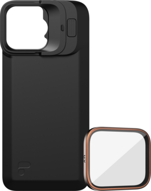 800q-01_131146 PolarPro Kit - LiteChaser iPhone 16 Pro Max Exo Back Plate is a black case with a removable square lens cover with a sliding mechanism and a separate rounded UV filter.