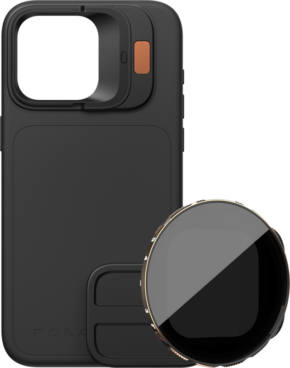 800q-01_131147 PolarPro Kit - LiteChaser iPhone 15 Pro -kotelo musta sisältää sisäänrakennetun kameran linssikiinnikkeen, neliönmuotoisen kameran aukon kuparikorostuksella, ja siinä on pyöreä irrotettava VND 3-5 -suodatin, joka on sijoitettu kotelon etupuolelle.