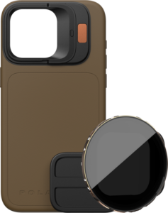 800q-01_131148 The PolarPro kit includes a Desert LiteChaser iPhone 15 Pro case with a large camera aperture, a round VND 3-5 filter and a small rectangular black accessory placed in front of the case.