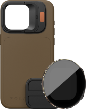 800q-01_131148 The PolarPro kit includes a Desert LiteChaser iPhone 15 Pro case with a large camera aperture, a round VND 3-5 filter and a small rectangular black accessory placed in front of the case.