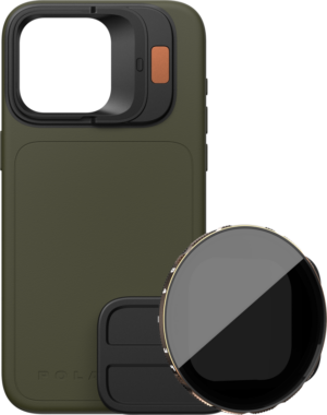 The PolarPro Kit - LiteChaser iPhone 15 Pro Case Forest includes a green phone case with a large square camera aperture, and comes with a 3-5 VND round camera lens filter placed in front of the case.