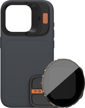 800q-01_131153 The PolarPro Kit - LiteChaser iPhone 15 Pro Max case from Ocean features a dark grey design, large camera cut-out, orange side button and comes with a round VND 3-5 filter. The POLAR trademark is partially visible on the case.
