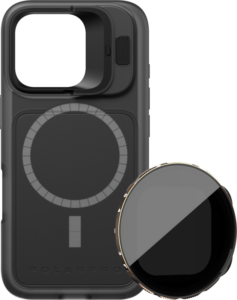 800q-01_131154 PolarPro-pakkaus, jossa on musta LiteChaser iPhone 16 Pro Base Case ja sen vieressä irrotettava VND 3-5 -kamerasuodatin.