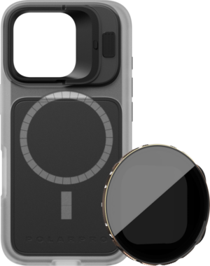 PolarPro Kit - LiteChaser iPhone 16 Pro Base Case Clear sisältää VND 3-5 -suodattimen, jossa on kirkas kotelo, jossa on sisäänrakennettu objektiivikiinnitys ja pyöreä musta suodatin parempaan mobiilikuvaukseen.