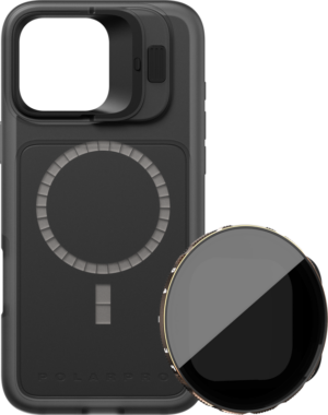 800q-01_131156 PolarPro kit with black LiteChaser iPhone 16 Pro Max base case and removable VND 3-5 filter attached to the back.