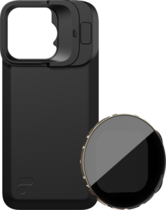 800q-01_131161 PolarPro Kit sisältää LiteChaser iPhone 16 Pro Exo Back Plate -taustalevyn mustana ja irrotettavan VND 3-5 -suodattimen, jossa on kultainen reunus ja sävylasit, jotka on esitetty yhdessä parempaa mobiilikuvausta varten.