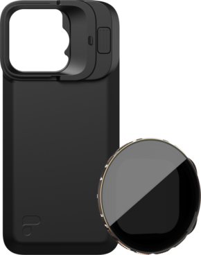 The PolarPro Kit includes the LiteChaser iPhone 16 Pro Exo Back Plate in black and a removable VND 3-5 filter with gold trim and tinted glass, presented together for better mobile photography.