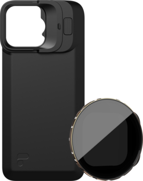 The PolarPro Kit includes the LiteChaser iPhone 16 Pro Max Exo Back Plate with built-in lens mount, pictured next to its removable VND 3-5 Filter Camera Lens Accessory with Reflective Surface.
