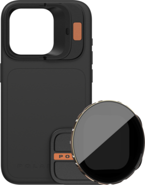 PolarPro Kit - LiteChaser iPhone 15 Pro Max case in black features an orange button and a large camera aperture with a VND 3-5 filter magnetically attached, all against a light background.