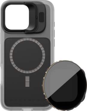 The PolarPro Kit includes a clear LiteChaser Base Case for the iPhone 16 Pro Max with a built-in circular magnetic mount and VND 3-5 filter, pictured with a light background.