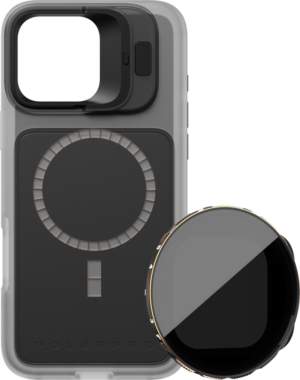 800q-01_131164 The PolarPro Kit includes a clear LiteChaser Base Case for the iPhone 16 Pro Max with a built-in circular magnetic mount and VND 3-5 filter, pictured with a light background.