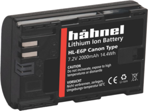 800q-01_131208 The Canon HL-E6P / LP-E6P 7.2V 2000mAh 14.4Wh battery with warning labels and symbols is shown diagonally to highlight the battery connectors and printed text.