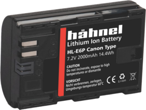 Hähnel-akku Canon HL-E6P / LP-E6P, 7,2V 2000mAh 14,4Wh, jossa on varoitustarroja ja -symboleja, on kuvattu vinossa akun liittimien ja painetun tekstin korostamiseksi.