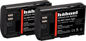 800q-01_131209 Kaksi Hähnel Battery Canon HL-E6P / LP-E6P Twin Pack -litiumioniakkua, joissa on merkintä 7,2 V 2000 mAh 14,4 Wh, on kuvassa vierekkäin näkyvillä varoitus- ja kierrätyssymboleilla.