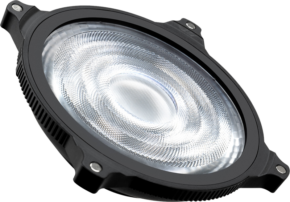 800q-01_132818 Zhiyun Molus Lens Reflector ZY-Mount on pyöreä, mustakehyksinen LED-lisävaruste, jossa on kuvioitu kirkas linssi ja kolme kiinnityskorvaketta, jotka näkyvät kulmassa tavallista taustaa vasten.