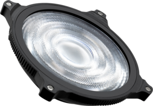 800q-01_132818 Zhiyun Molus Lens Reflector ZY-Mount on pyöreä, mustakehyksinen LED-lisävaruste, jossa on kuvioitu kirkas linssi ja kolme kiinnityskorvaketta, jotka näkyvät kulmassa tavallista taustaa vasten.