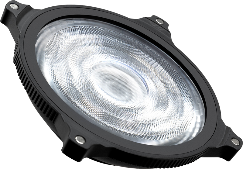 800q-01_132818 Zhiyun Molus Lens Reflector ZY-Mount on pyöreä, mustakehyksinen LED-lisävaruste, jossa on kuvioitu kirkas linssi ja kolme kiinnityskorvaketta, jotka näkyvät kulmassa tavallista taustaa vasten.