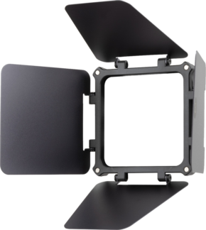 800q-01_132819 Zhiyun Molus Magnetic Barn Door, mustaa metallia, jossa on neljä säädettävää läppää neliön kehyksessä, suunniteltu valokuvaukseen tai videovaloihin, näytetään avoimena ja eristettynä valkoisella taustalla.