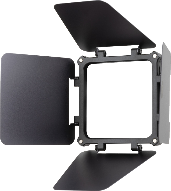 800q-01_132819 Zhiyun Molus Magnetic Barn Door, mustaa metallia, jossa on neljä säädettävää läppää neliön kehyksessä, suunniteltu valokuvaukseen tai videovaloihin, näytetään avoimena ja eristettynä valkoisella taustalla.