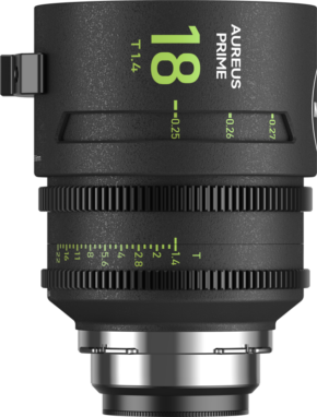 NiSi Cine Lens Aureus Prime 18mm T1.4 PL-Mount -objektiivin lähikuvassa on kuvioitu musta kotelo, vihreät ja valkoiset mittausmerkinnät sekä tarkennuksen ja aukon säätörenkaat.