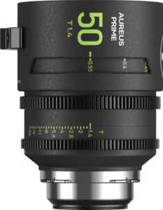800q-01_132836 Musta NiSi Cine Lens Aureus Prime 50mm T1.4 PL-Mount -objektiivi, jossa on vihreät ja valkoiset merkinnät, tarkennus- ja aukkorenkaat sekä mitta-asteikot sivulla.