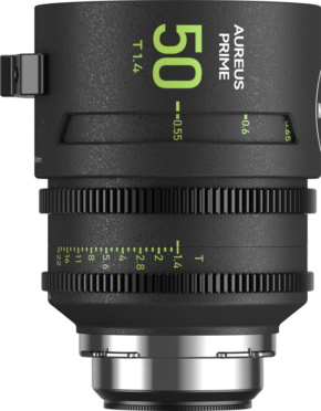 Musta NiSi Cine Lens Aureus Prime 50mm T1.4 PL-Mount -objektiivi, jossa on vihreät ja valkoiset merkinnät, tarkennus- ja aukkorenkaat sekä mitta-asteikot sivulla.