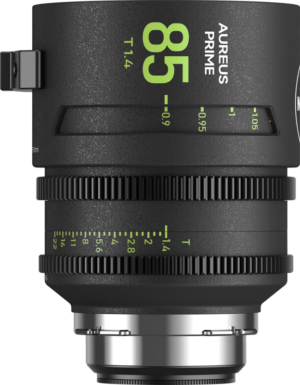 800q-01_132837 The NiSi Cine Lens Aureus Prime 85mm T1.4 PL-Mount lens is shown vertically against a light background and features a black body with green "85 T1.4" markings and detailed focus and aperture scales.