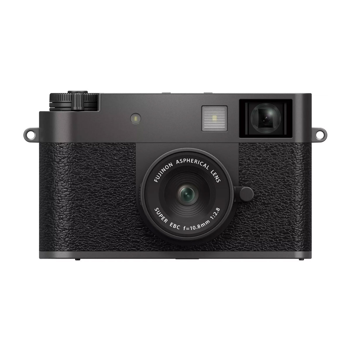Fujifilm X Half -digikameran etukuva hiilenvärisenä, jossa on kuvioitu kahva, näkyvä Fujinon asfäärinen objektiivi, etsin ja metallinen viimeistely ylä- ja alareunoissa.