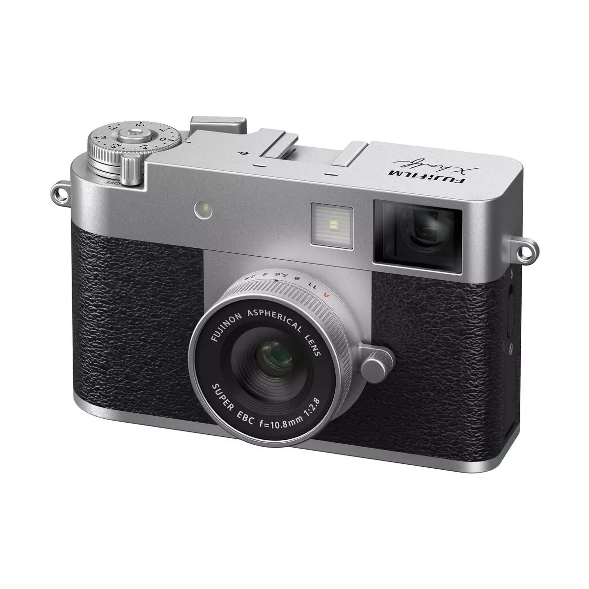 Fujifilm X Half -digikamera, hopea, on hopeanvärinen digikamera, jossa on vintage-muotoilu, jossa on näkyvä objektiivi, kuvioitu kahva ja yläpaneelin valitsimet ja painikkeet.