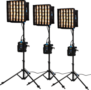 800q-001_128419 The Nanlite PavoSlim 60B LED Panel 3-Light Kit With Stand is displayed in a row against a white background, each panel mounted on an adjustable stand and fitted with square softboxes and grid diffusers.