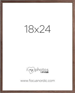 800q-01_120977 The Focus Rock Walnut 18x24 has a wooden frame with a white insert in the middle that reads "18x24", the website "www.focusnordic.com" and the "I love photos by Focus" logo at the bottom.