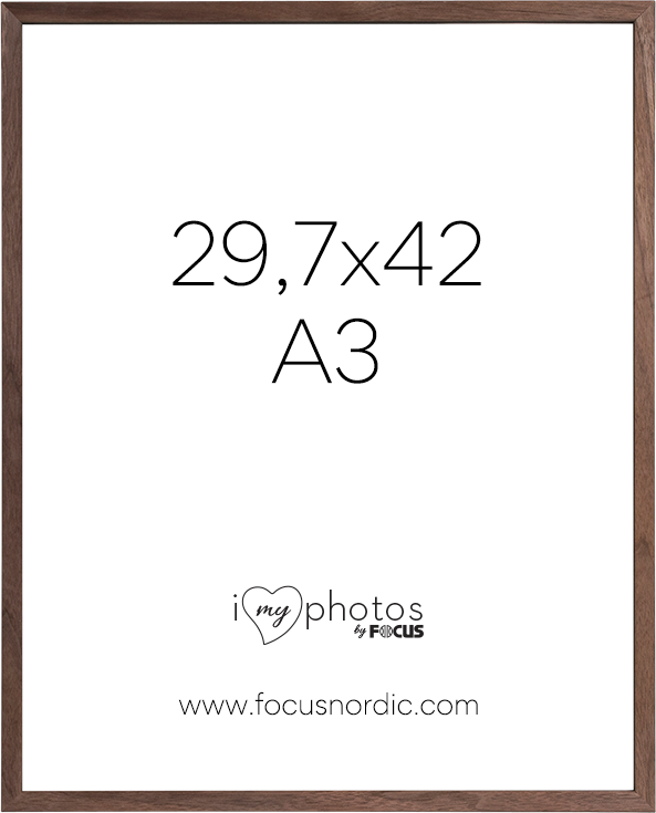 800q-01_120982 Focus Rock Walnut -viilu 29,7x42 (A3) -valokuvakehyksessä on valkoinen paperi, jossa näkyy koko suurella tekstillä, alla "i love photos by Focus" ja alareunassa www.focusnordic.com.