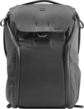800q-01_123299 The Peak Design Everyday Backpack 20L v2 in black features a modern, structured design with a top flap, front pocket, side zippers, minimal branding, sturdy fabric and a small metal hook on the front.
