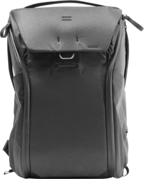 800q-01_123303 The black Peak Design Everyday Backpack 30L V2 has a sleek, structured shape, top flap, two side zippers, top handle, metal front flap, and is made of durable, water-resistant material.