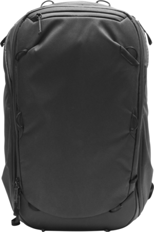 800q-01_123341 The Peak Design Travel Backpack 45L in black features a modern, streamlined design with multiple zippers and front closure loops, shown upright against a white background.