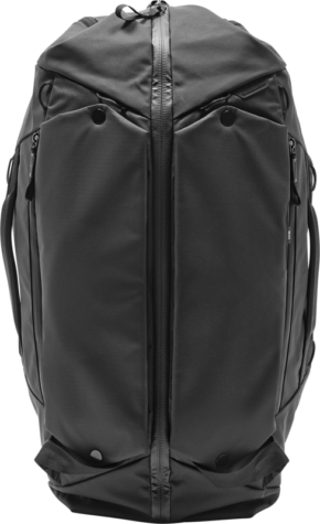 800q-01_123348 The black Peak Design Travel Duffelpack 65L features a modern, stylish design with two vertical front zippers, side handles and button details on the bottom.