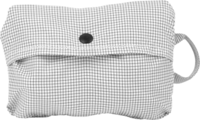 800q-01_123369 Peak Design Shoe Pouch // Raw is a small rectangular pouch with a black and white checkerboard pattern, a black button fastening flap and a fabric loop handle on the right side.