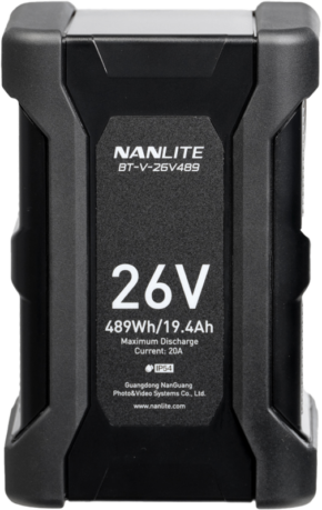 800q-01_127303 The Nanlite V-mount 26V 489WH is a black battery (model BT-V-26V489) with a voltage of 26 V and a capacity of 489 Wh/19.4 Ah, maximum discharge current of 20 A, protection class IP54 and manufacturer's information on the label.