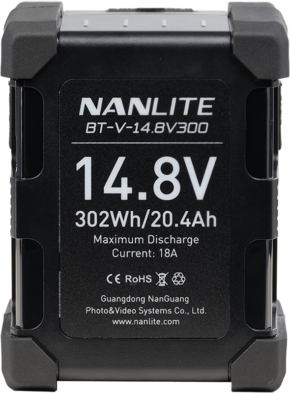 800q-01_127304 The rectangular black Nanlite battery V-mount 14.8V 300WH has white text and specifications: 14.8V, 302Wh/20.4Ah, maximum discharge current 18A, and manufacturer's information.