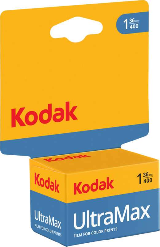 Kodak 135 Ultramax Carded 400-36 x 1 sisältää Kodakin logon keltaisella ja sinisellä kuviolla, ja se tarjoaa 36 valotusta ISO 400 -värifilmiä.