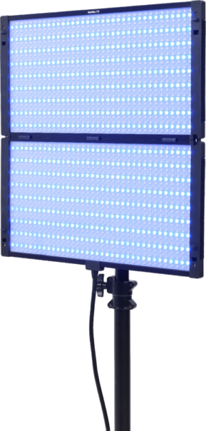 800q-01_127902 The Nanlite PavoSlim 240C RGBWW LED panel is a rectangular LED light on a stand that emits a bright blue light. It has a power cord on the back, and has two connected sections with rows of small LED bulbs on the surface.