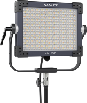 800q-01_128028 The Nanlite Alien 150C is a rectangular LED panel luminaire with an adjustable base and a number of small visible LED lamps on the front surface.