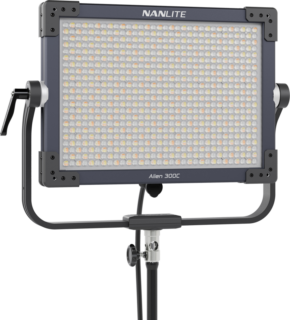 800q-01_128029 The Nanlite Alien 300C is a rectangular LED panel luminaire mounted on an adjustable stand, with several small LED lamps and adjustment handles on each side.
