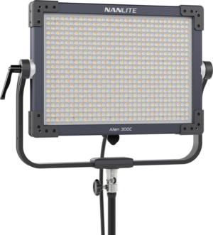 800q-01_128029 The Nanlite Alien 300C is a rectangular LED panel luminaire mounted on an adjustable stand, with several small LED lamps and adjustment handles on each side.