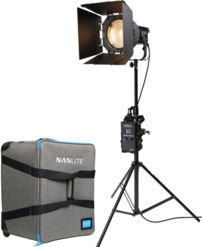 800q-01_128034 The Nanlite Forza 300B II Bicolor & FL-20G Kit, featuring a black barn-door studio light with tripod, comes in a grey Nanlite trailer case with black straps, all presented on a plain white background.